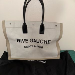 Saint Laurent Rive Gauche Linen & Leather White Multi Tote